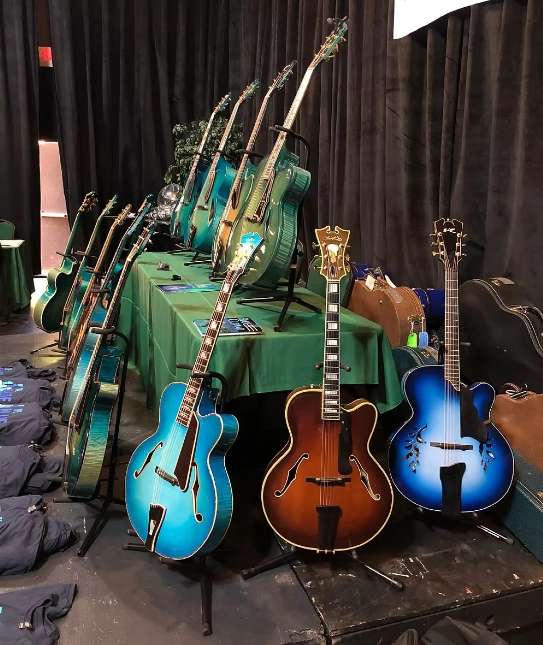 Blue Archtop guitar headstock and neck detail