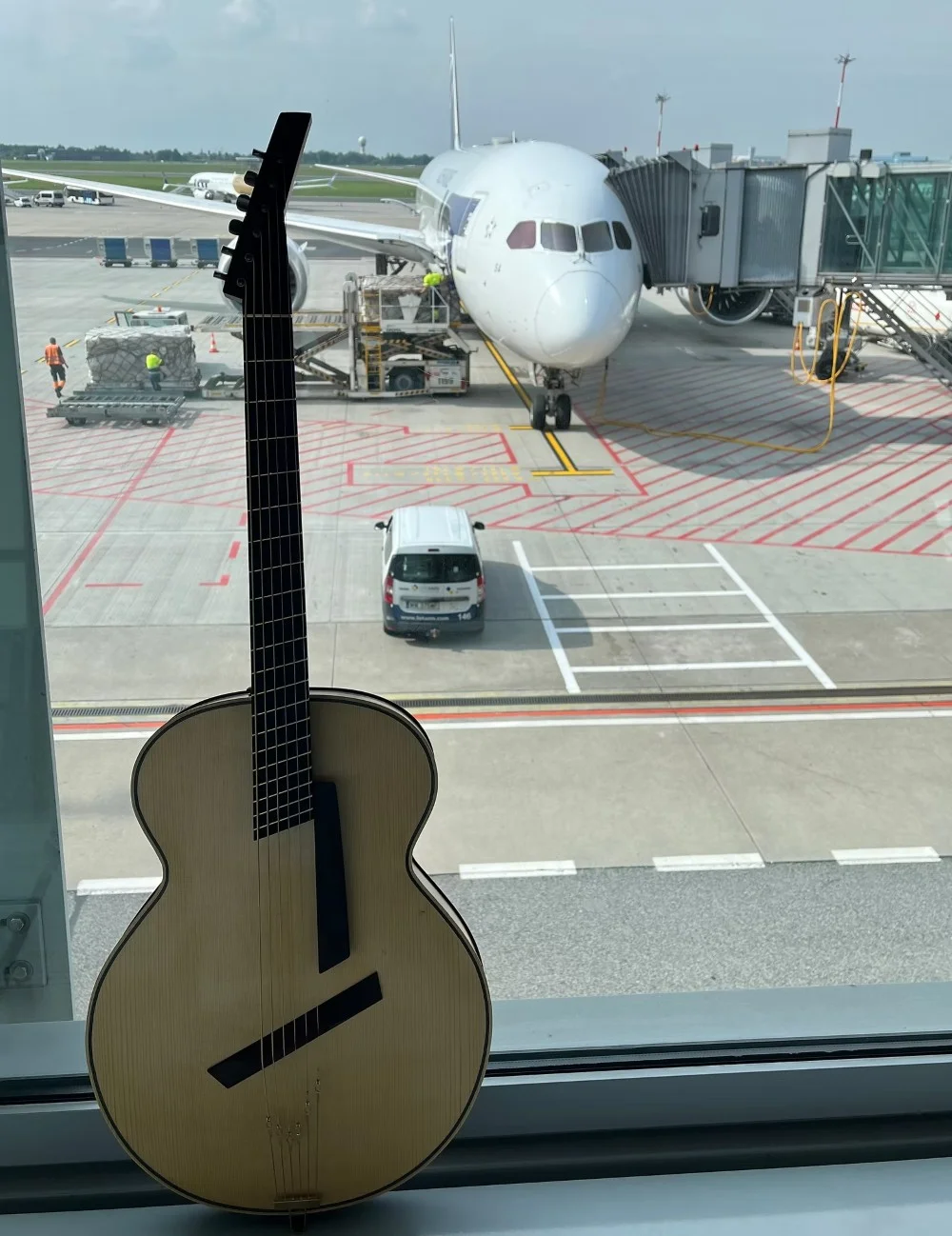 Guitar at the airport window looking at an airplane